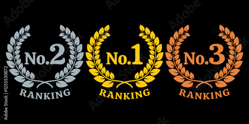Winner, prize icons with First, Second And Third place. Laurel wreath award set with 1, 2, 3 numbers. Gold, silver and bronze medal concept. Vector illustration.