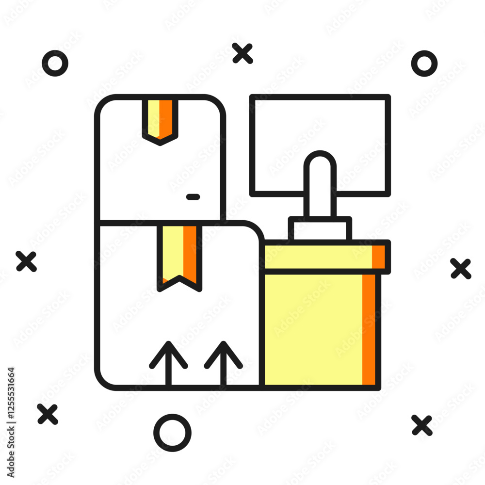 Filled outline Warehouse interior with boxes on racks icon isolated on white background. Logistics, cargo, parcel storage postal service. Flat filled outline style with shadow. Vector Filled outline Warehouse interior with boxes on racks icon isolated on white background. Logistics, cargo, parcel storage postal service. Flat filled outline style with shadow. Vector