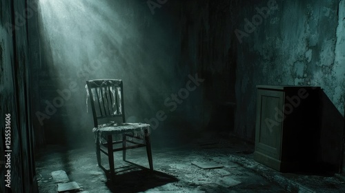 A decaying chair with frayed fabric stands in the middle of a foggy, dimly lit basement, shadows creeping over the cracked walls, giving a haunting effect