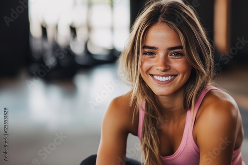 Young smiling blond woman wearing sport clothes at the gym. Free Download Young smiling blond woman wearing sport clothes at the gym. - GFXLoad