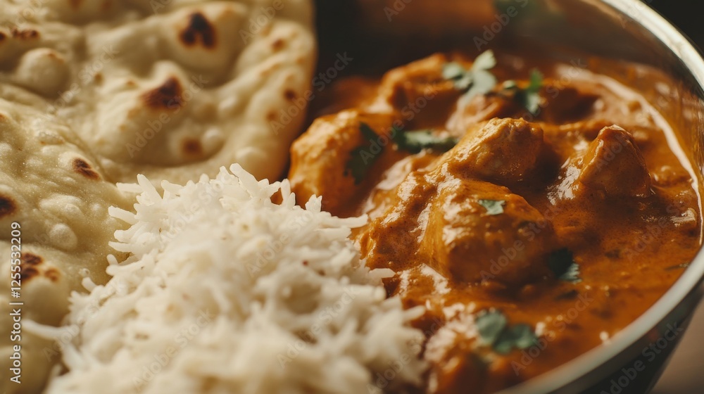Close-up of rice and Indian butter chicken with garlic naan in a stainless steel bowl, emphasizing rich and creamy qualities. Ideal for Indian cuisine and comfort food. Close-up of rice and Indian butter chicken with garlic naan in a stainless steel bowl, emphasizing rich and creamy qualities. Ideal for Indian cuisine and comfort food.