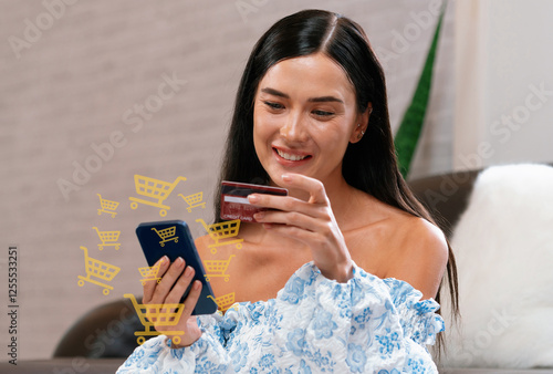 Customer wearing blue dress control device choosing online platform. Smart consumer watching gadget opening e-commerce application using credit card, cashless technology shopping inventory. Cybercash. photo