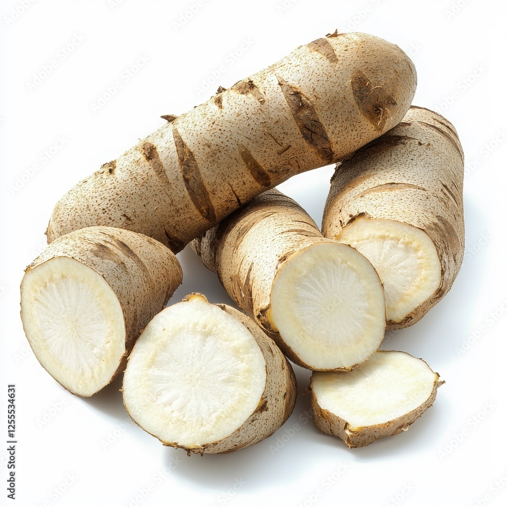 Sliced And Whole Taro Root On White Background Sliced And Whole Taro Root On White Background