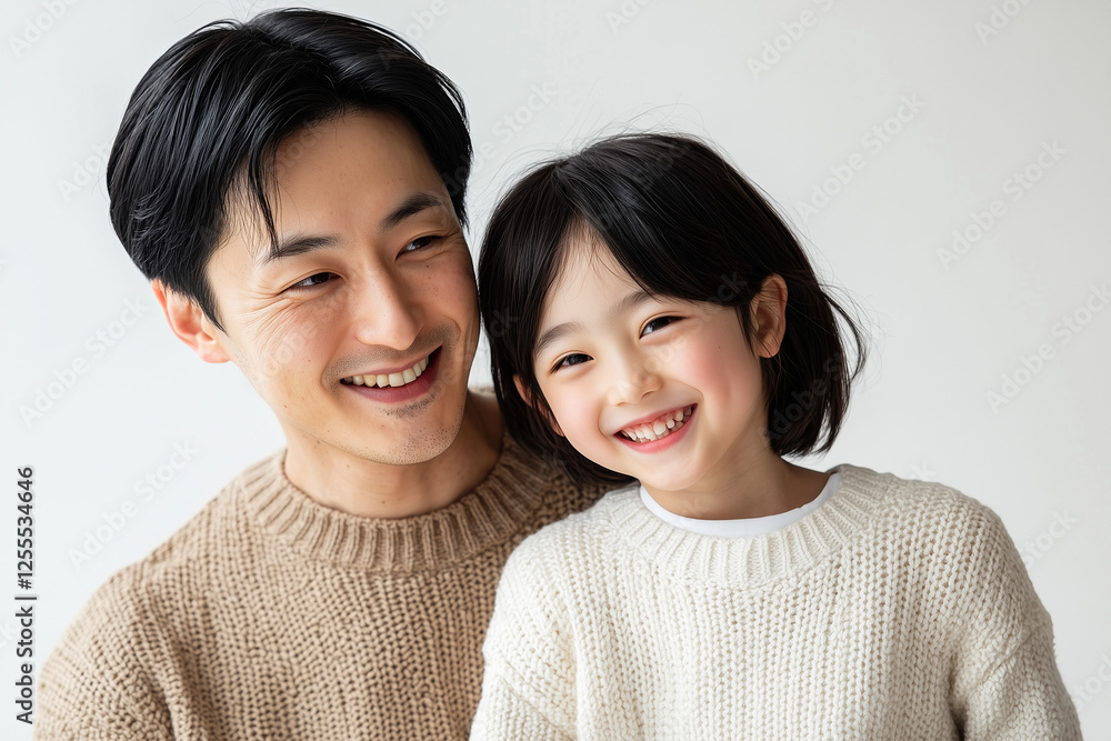 笑顔の女の子とお父さんが向かい合って抱っこしている スタジオで撮影した記念写真 幼児 小学生 低学年 1年生