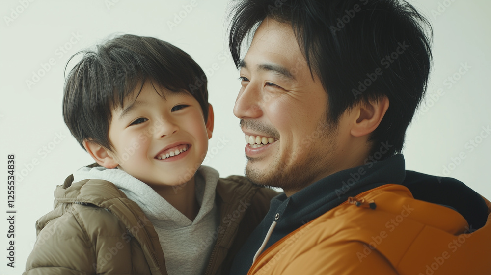 笑顔の男の子とお父さんが向かい合って抱っこしている スタジオで撮影した記念写真 幼児 小学生 低学年 1年生