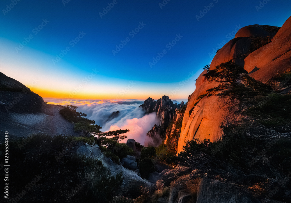 Obraz premium Breathtaking China landscape at sunset. Mountain peaks rise above a sea of clouds in the valley. Orange and blue sky creates a scenic vista.