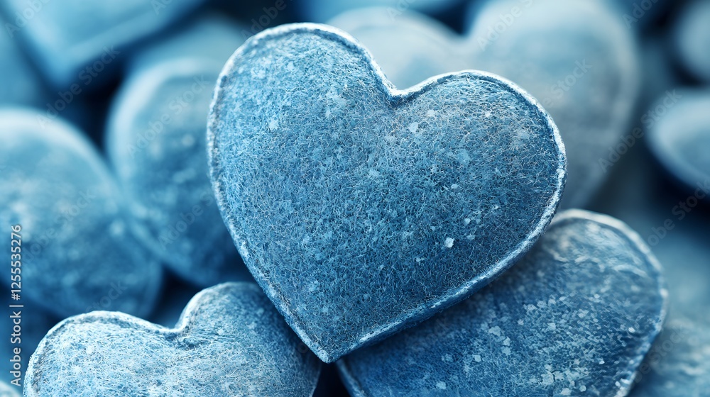 Obraz premium Blue heart shaped candies on a vibrant abstract blue background for sweet themed designs and concepts