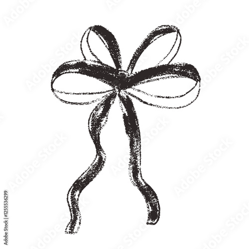 Crayon bow, ribbon. Chalk drawing band. Black coquette aesthetic bowknot. Vector illustration isolated on white background.