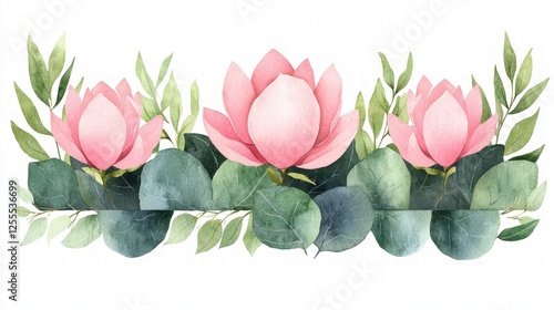 Pink Lotus Flower Watercolor Painting with Green Leaves