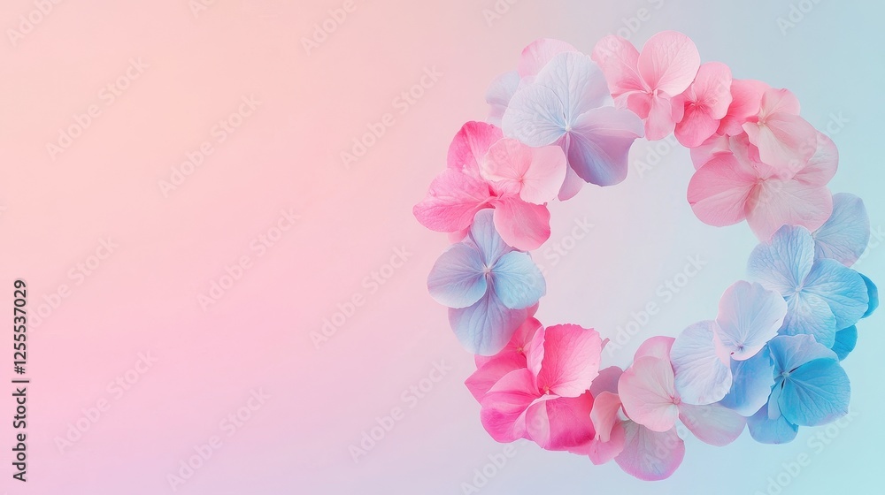 A beautiful circular arrangement of pink and blue petals on a soft gradient background. A beautiful circular arrangement of pink and blue petals on a soft gradient background.