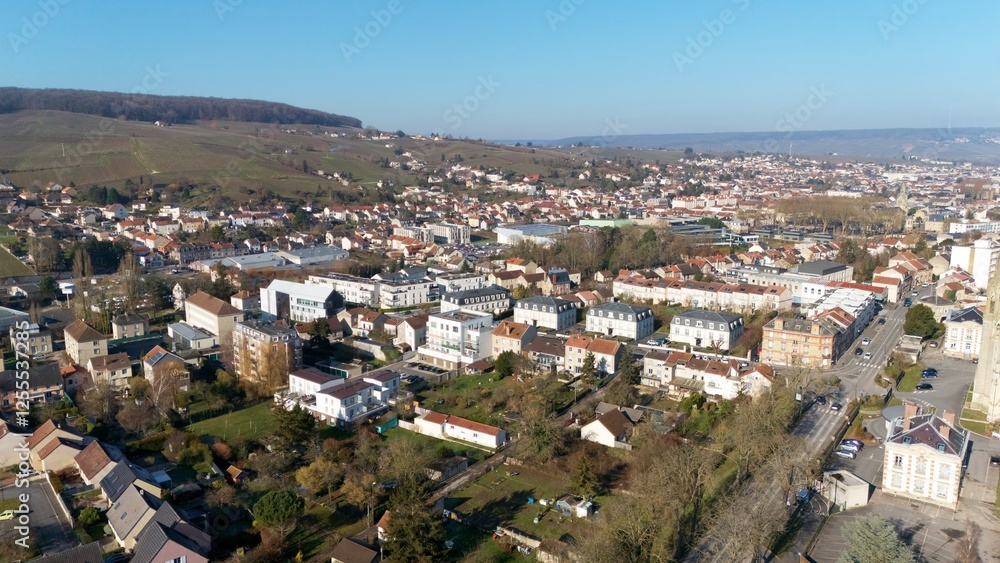 Aerial View of Residential Area and Vineyards in Epernay, France Aerial View of Residential Area and Vineyards in Epernay, France