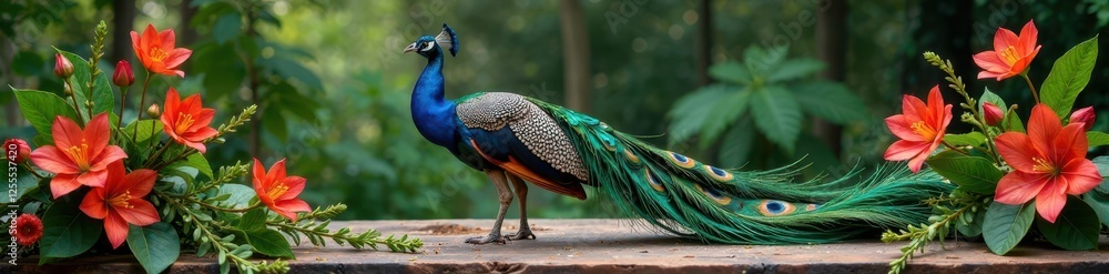 Peacock in a floral arrangement on a wooden table, peacock, rustic, plants Peacock in a floral arrangement on a wooden table, peacock, rustic, plants