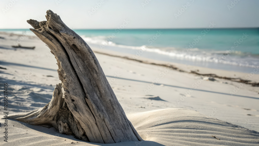 Weathered driftwood on serene sandy beach with turquoise waters Weathered driftwood on serene sandy beach with turquoise waters