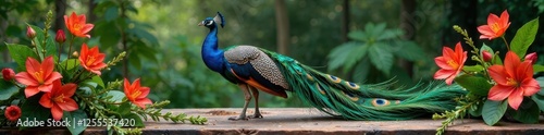 Wallpaper Mural Peacock in a floral arrangement on a wooden table, peacock, rustic, plants Torontodigital.ca