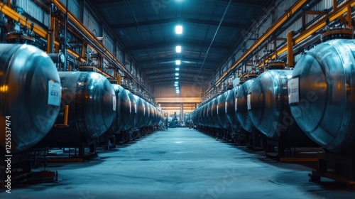 A detailed view of large compressed gas tanks in a factory, arranged in perfect symmetry under harsh overhead lighting, emphasizing the industrial setting