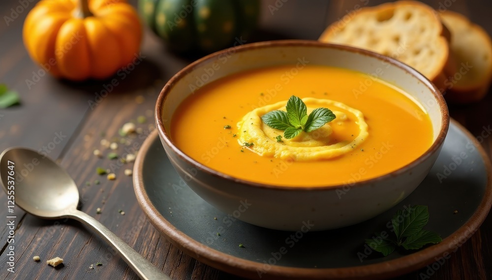 Creamy pumpkin soup in a bowl with crusty bread on the side, , fall soup Creamy pumpkin soup in a bowl with crusty bread on the side, , fall soup