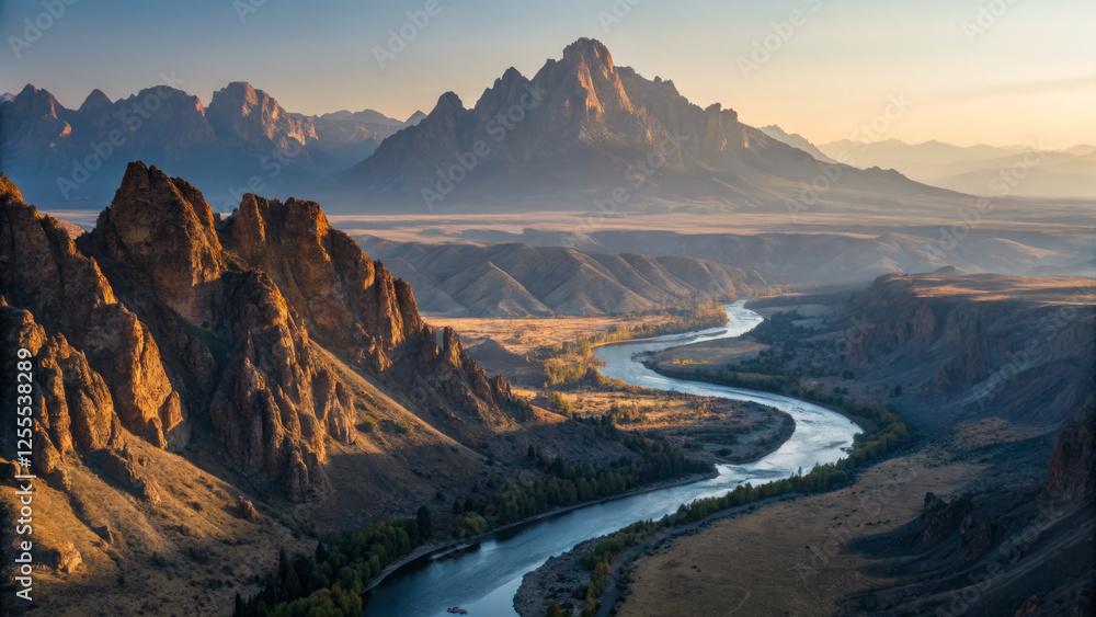 Fototapeta premium Majestic mountain landscape with winding river at sunrise