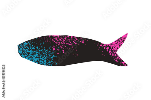 Simple grainy textured fish. Sardine element with noise. Salmon or anchovy silhouettes. Undersea animal. Vector hand drawn cutout collage illustration isolated on white background.