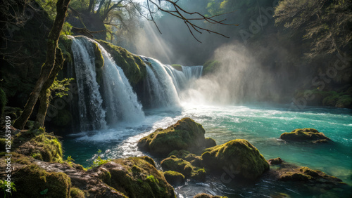 Majestic waterfall cascading into turquoise pool surrounded by lush forest