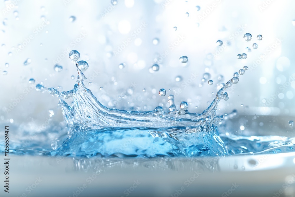 Dynamic splash of blue water with droplets in motion Dynamic splash of blue water with droplets in motion