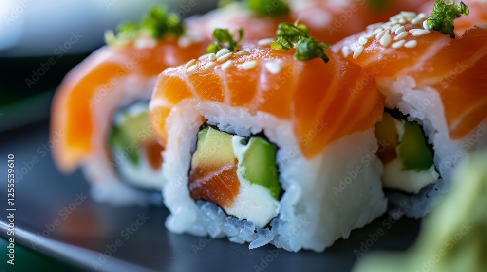 Close-up of rice and Japanese sushi with salmon and avocado on a traditional sushi plate, emphasizing fresh and delicate nature. Ideal for Japanese cuisine and sushi dishes. Close-up of rice and Japanese sushi with salmon and avocado on a traditional sushi plate, emphasizing fresh and delicate nature. Ideal for Japanese cuisine and sushi dishes.