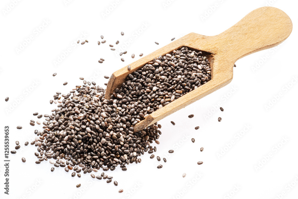 Chia seeds in wooden spoon isolated on white background. Chia seeds in wooden spoon isolated on white background.