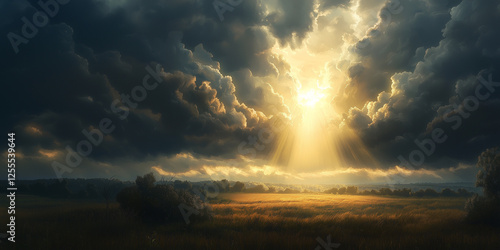 A dramatic, stormy sky with rays of sunlight breaking through the clouds over an open field