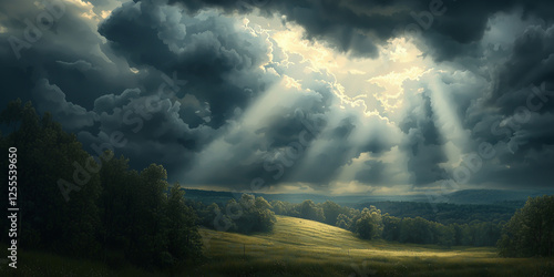 A dramatic, stormy sky with rays of sunlight breaking through the clouds over an open field