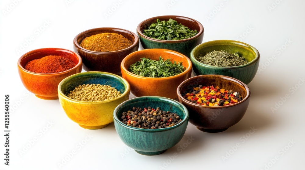 A dynamic and colorful collection of herbs and spices in bowls, arranged for a beautiful and vibrant culinary presentation A dynamic and colorful collection of herbs and spices in bowls, arranged for a beautiful and vibrant culinary presentation