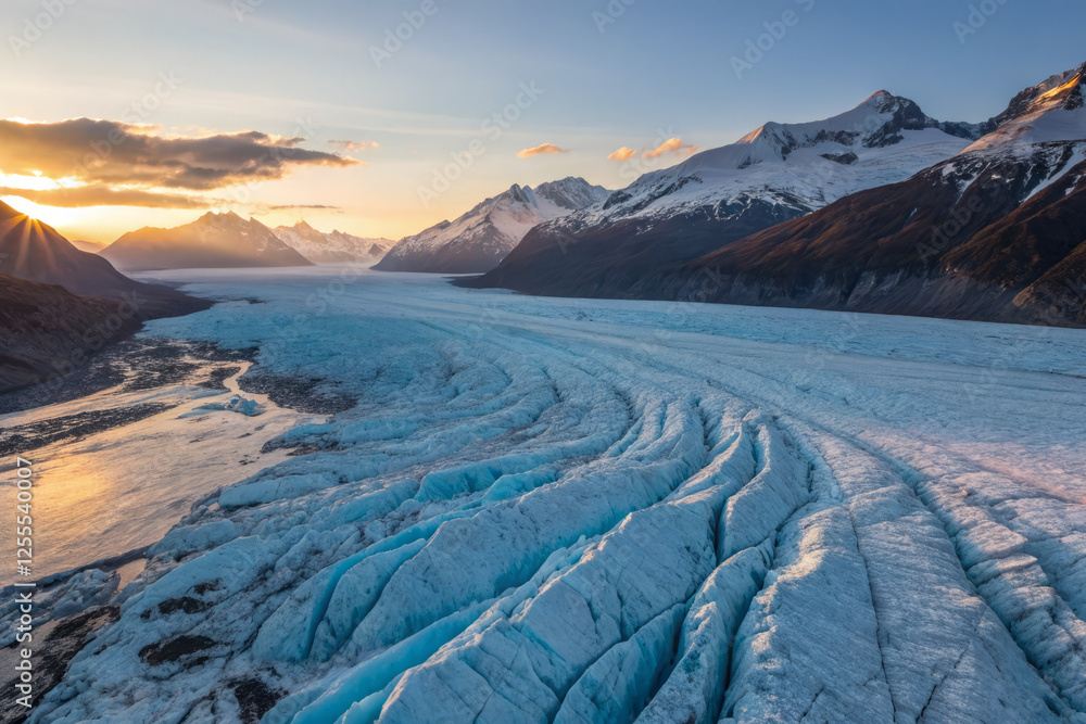 Fototapeta premium Majestic glacier landscape at sunset with rugged mountains
