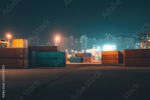 Nighttime view of shipping containers at industrial port with city skyline in background photo