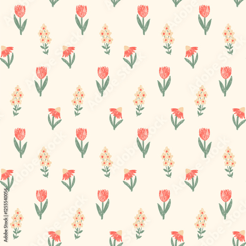 Flowers crayon drawn seamless pattern. Floral allover background. Line art stroke botany repeat backdrop. Surface pattern design spring motif. Vector hand drawn illustration.