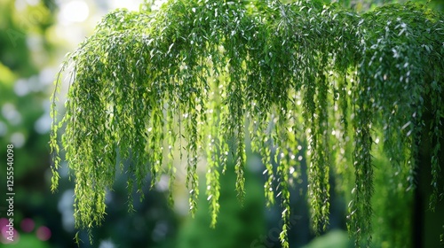 Elegant trellis adorned with cascading ampelous plants in a lush garden setting with natural light photo