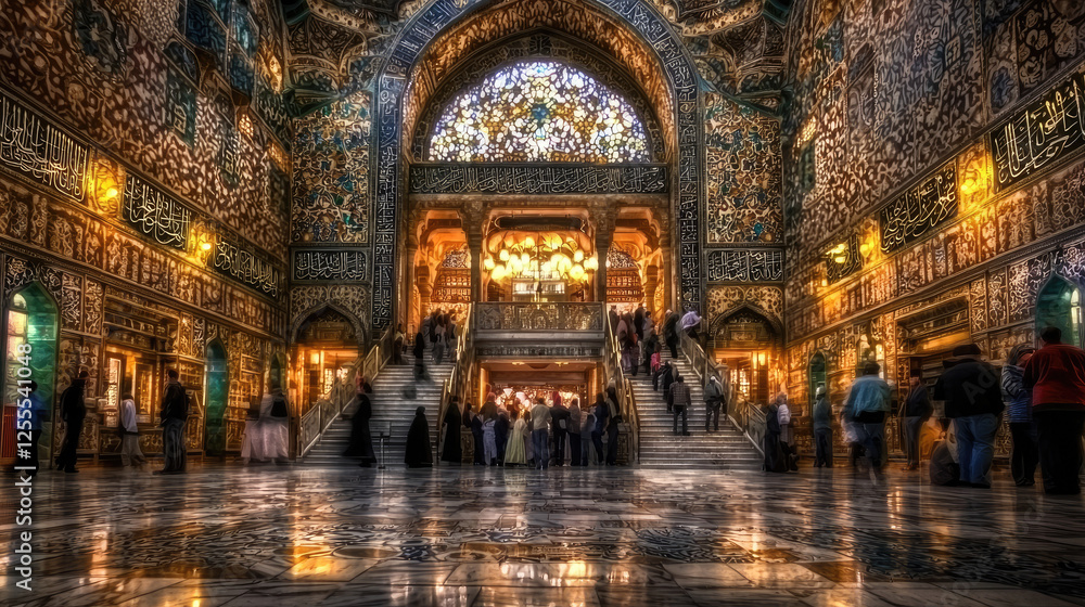 Fototapeta premium Majestic interior of a grand hall with intricate designs, bustling crowd, and ornate chandeliers