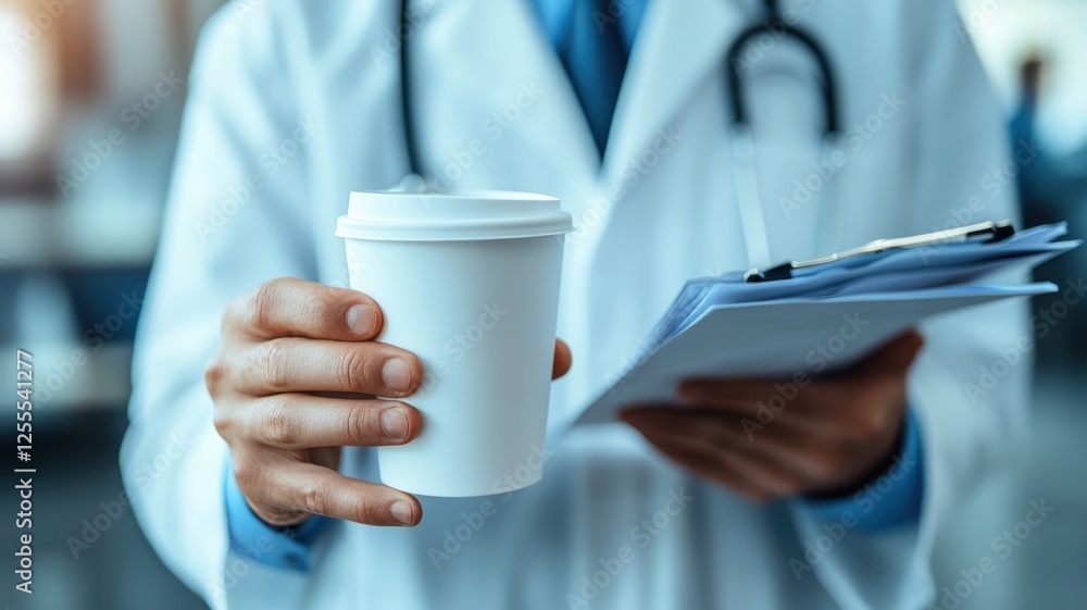 Doctor holding coffee cup amidst paperwork chaos in a busy clinic environment for healthcare professionals Doctor holding coffee cup amidst paperwork chaos in a busy clinic environment for healthcare professionals