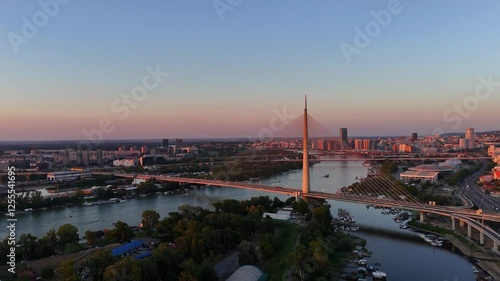 Sunset in the city from a bird's eye view with a view of the bridge
