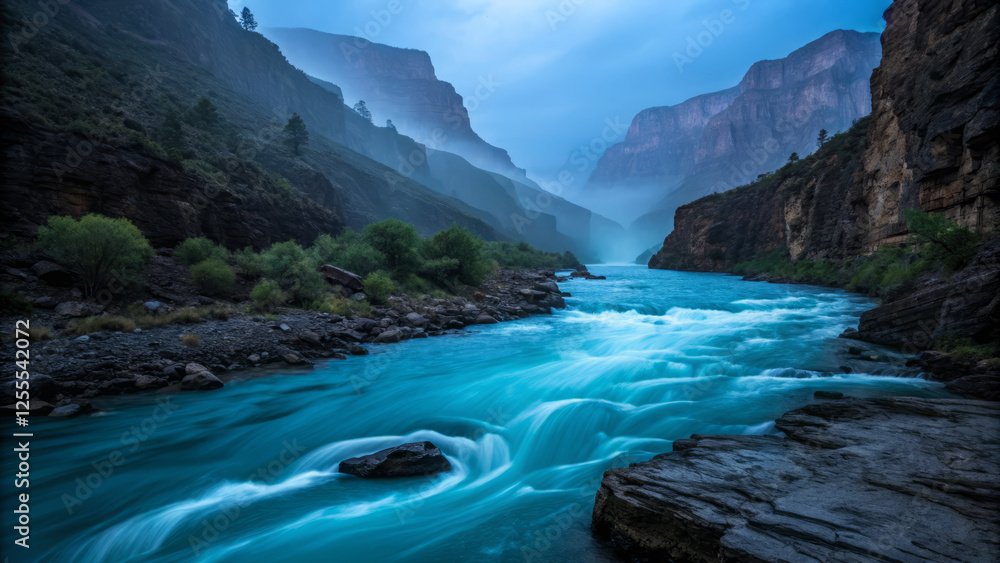 Fototapeta premium Majestic river flowing through canyon at dusk, creating serene atmosphere