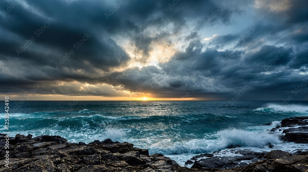 Fototapeta premium Dramatic Seascape at Sunrise with Stormy Clouds.