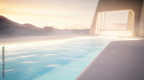 Serene Modern Poolside View at Dusk with Soft Lighting and Desert Landscape in the Background
