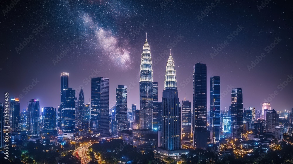 Obraz premium Night City Skyline With Milky Way Panorama