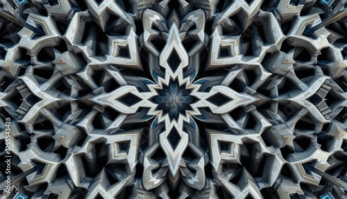 Abstract Geometric Mandala Design Silver Grey Blue Hues Intricate 3D Pattern Modern Digital Art Elegant Stylish Background Texture Wallpaper Graphic   photo