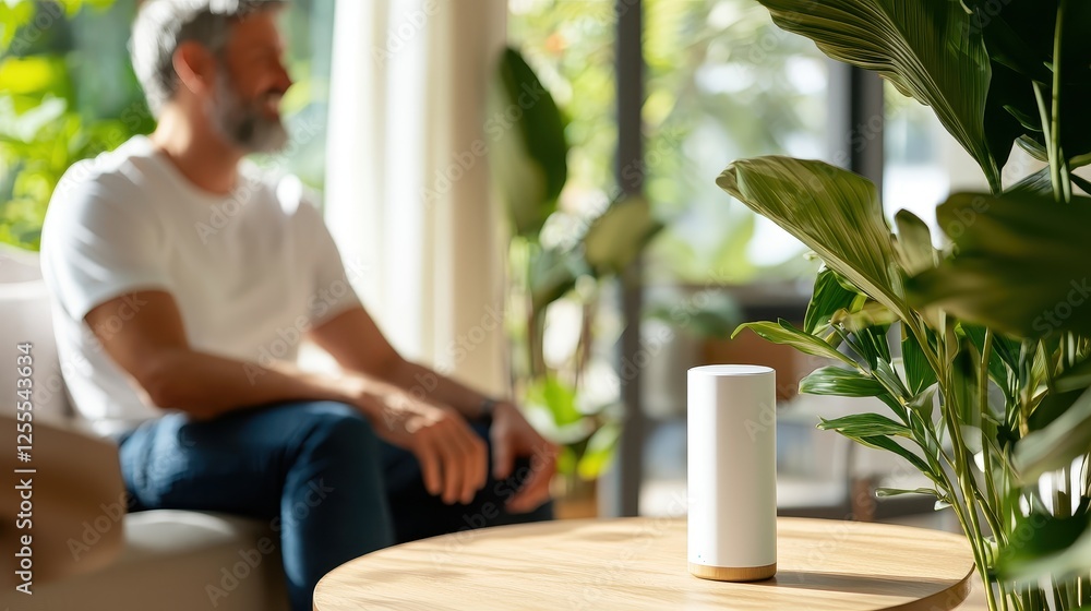 Fototapeta premium Modern Living Room with Smart Speaker and Relaxed Man in Background