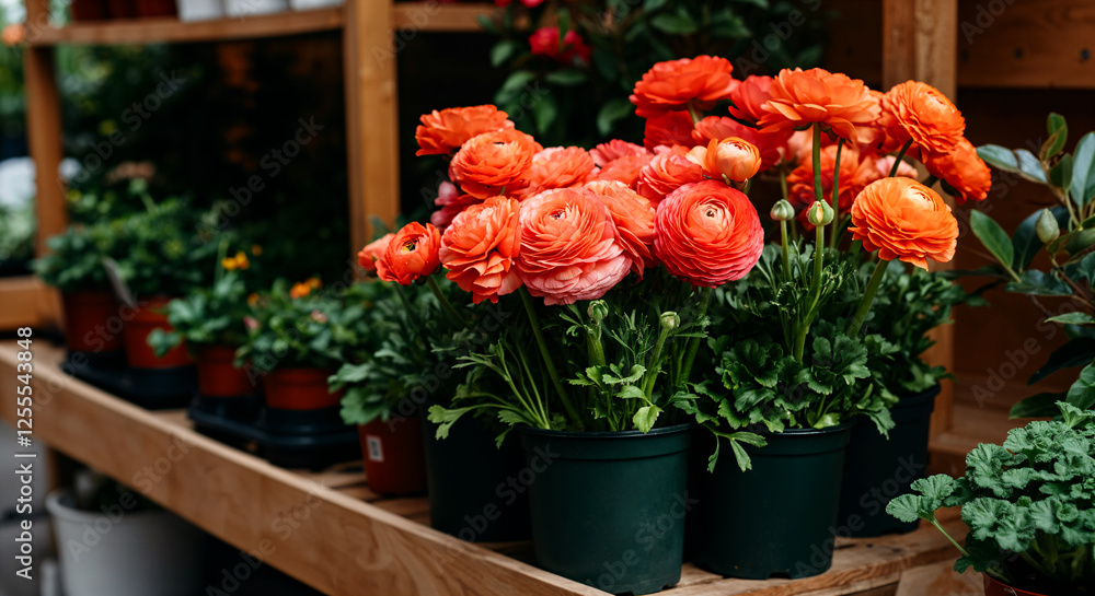 Fototapeta premium ranunculus (buttercups) in pots at a garden market