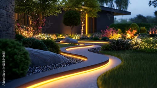 A beautifully landscaped garden with ambient lighting and a glowing pathway, leading to a modern house with futuristic architecture