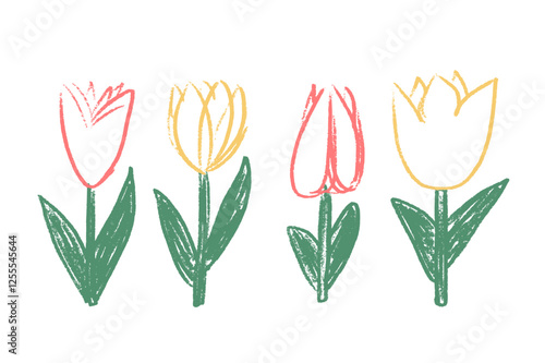 Tulip flowers crayon drawn set. Spring crocus plants doodle. Summer floral kids elements. Chalk or pastel style childish shape. Vector naive pencil illustration isolated on white background.