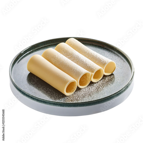 four cannelloni pasta tubes on a green plate.  photo