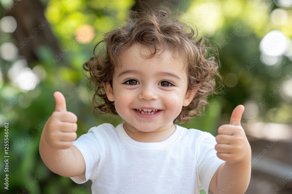 A joyful child smiles brightly while giving two thumbs up, surrounded by a vibrant natural background that enhances the cheerful atmosphere of the scene. A joyful child smiles brightly while giving two thumbs up, surrounded by a vibrant natural background that enhances the cheerful atmosphere of the scene.