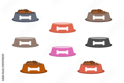 Series of colorful bowls with food for dog or cat - vector