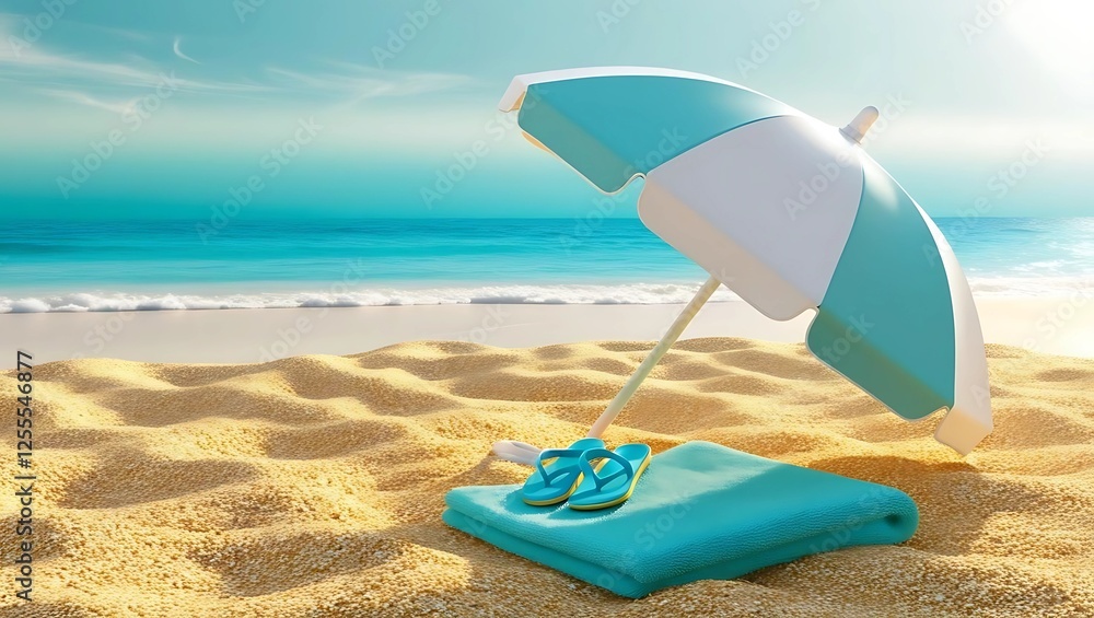 Smooth beach umbrella, flip-flops, and towel on golden sand, turquoise water meeting pale blue sky in the background, symbolizing relaxation  
