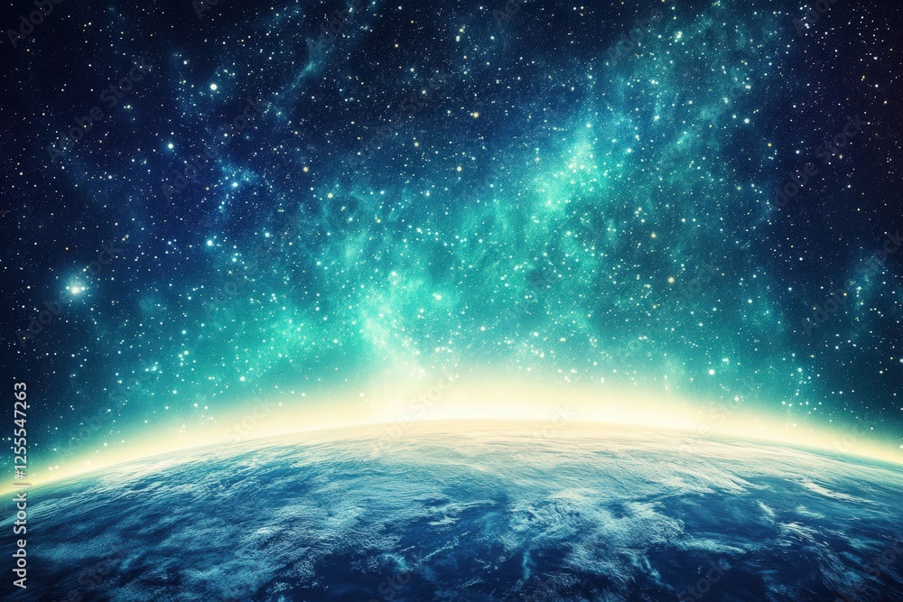 Spectacular cosmic view of earth and starry night sky horizon Spectacular cosmic view of earth and starry night sky horizon